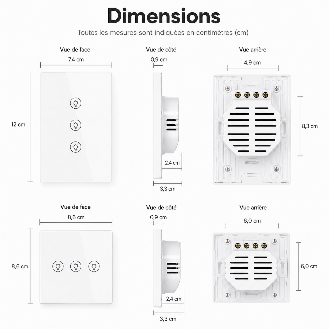 Schéma des dimensions du NéoMulti ZigBee Dimmer avec vues de face, de côté et arrière.