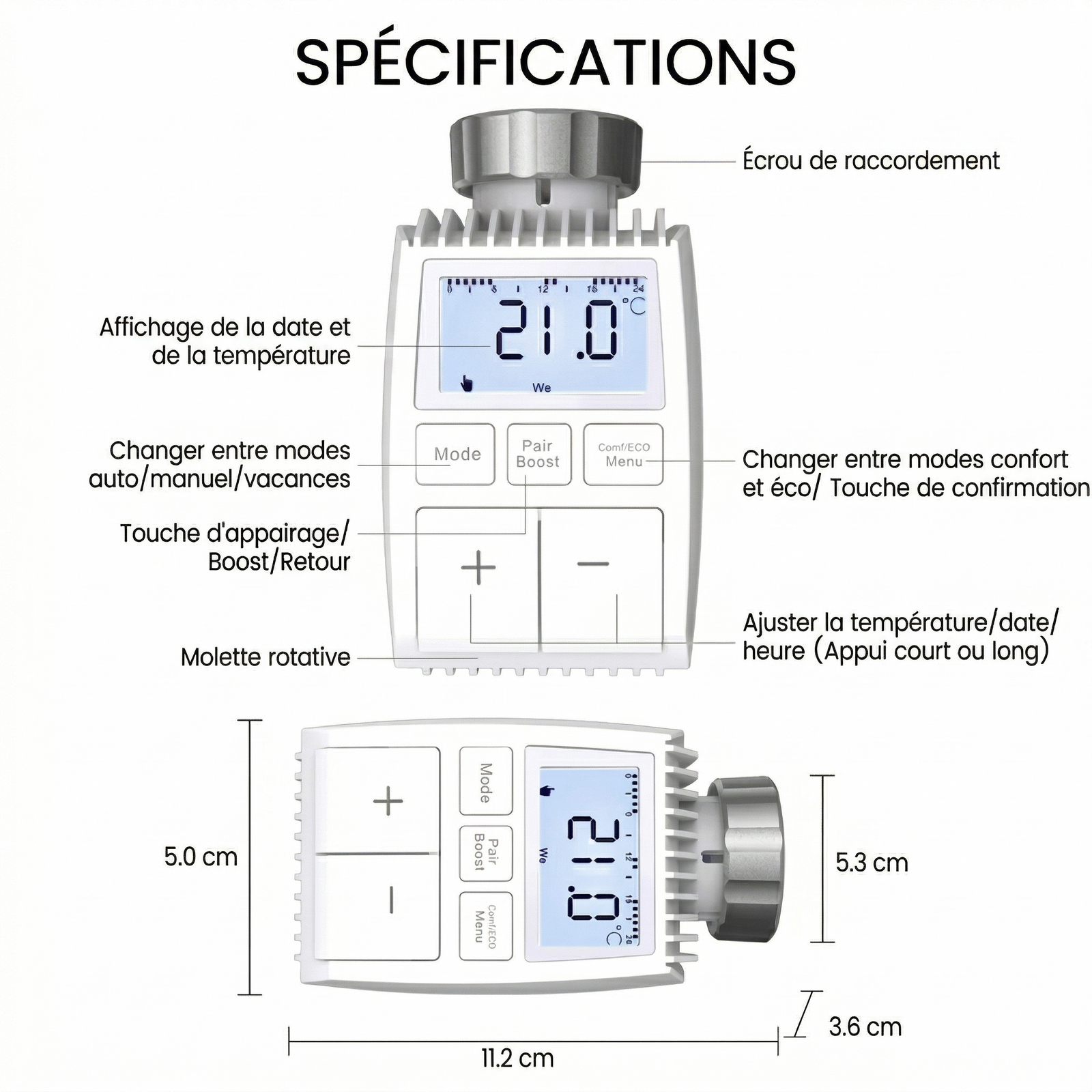 Schéma NéoMini Comfort 2 détaillant les spécifications, l’écran LED, les boutons, la molette et les dimensions.
