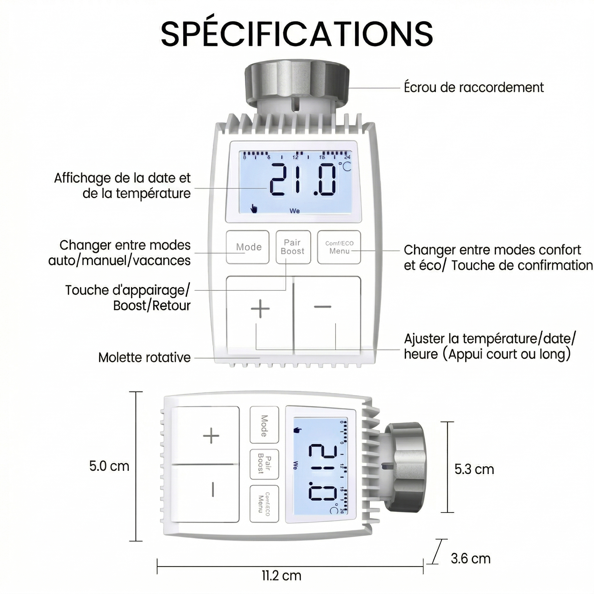 Schéma NéoMini Comfort 2 détaillant les spécifications, l’écran LED, les boutons, la molette et les dimensions.