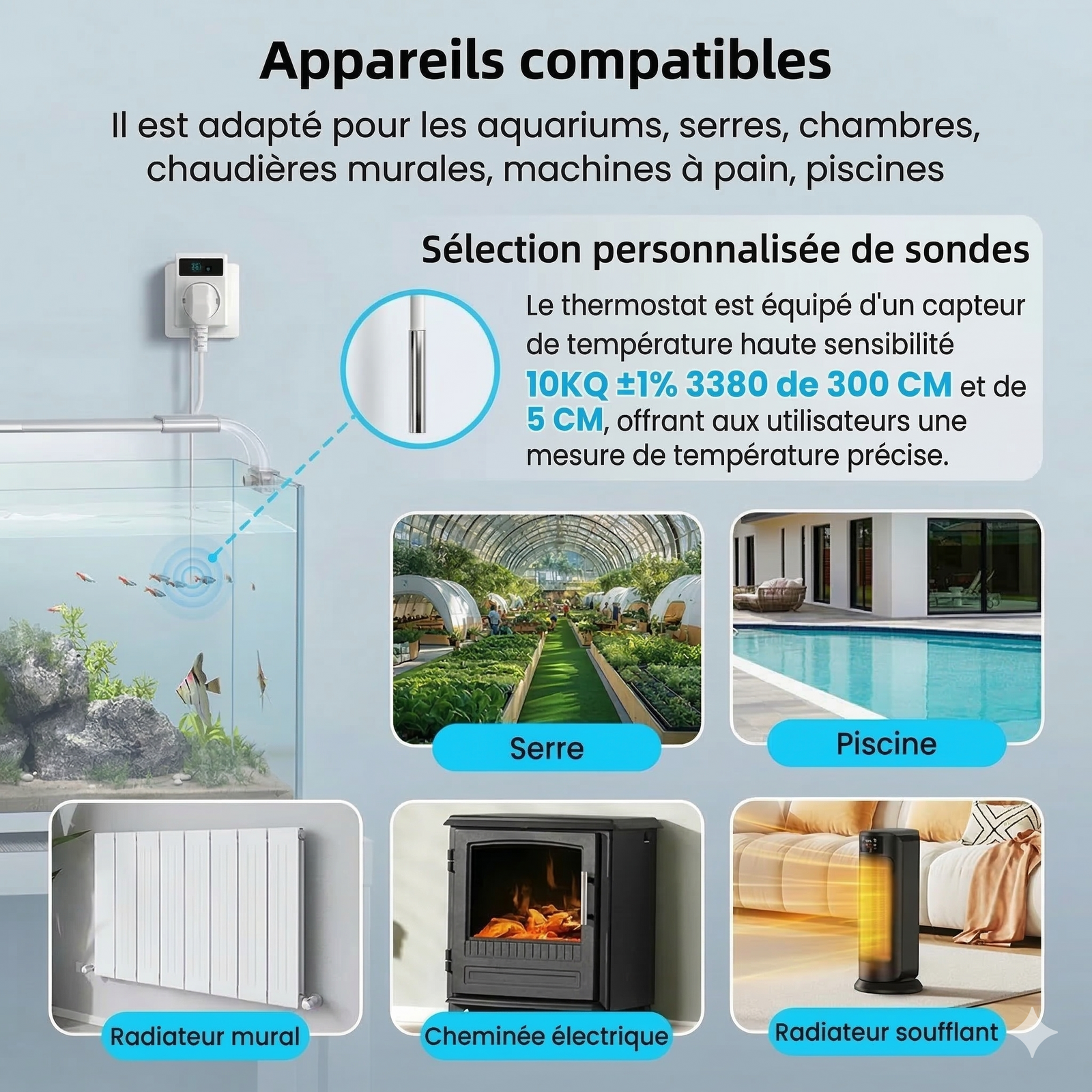 Sonde thermostat compatible serres, piscines, chaudières et radiateurs.