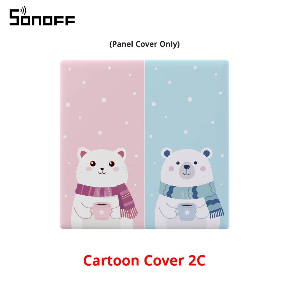 Caches panneau SONOFF Cartoon Cover 2C avec motifs chat et ours.