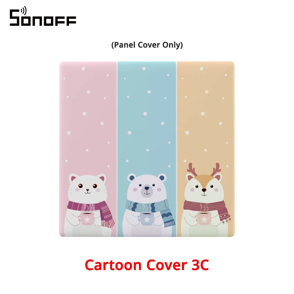 Cache panneau SONOFF Cartoon Cover 3C avec trois motifs pastel.