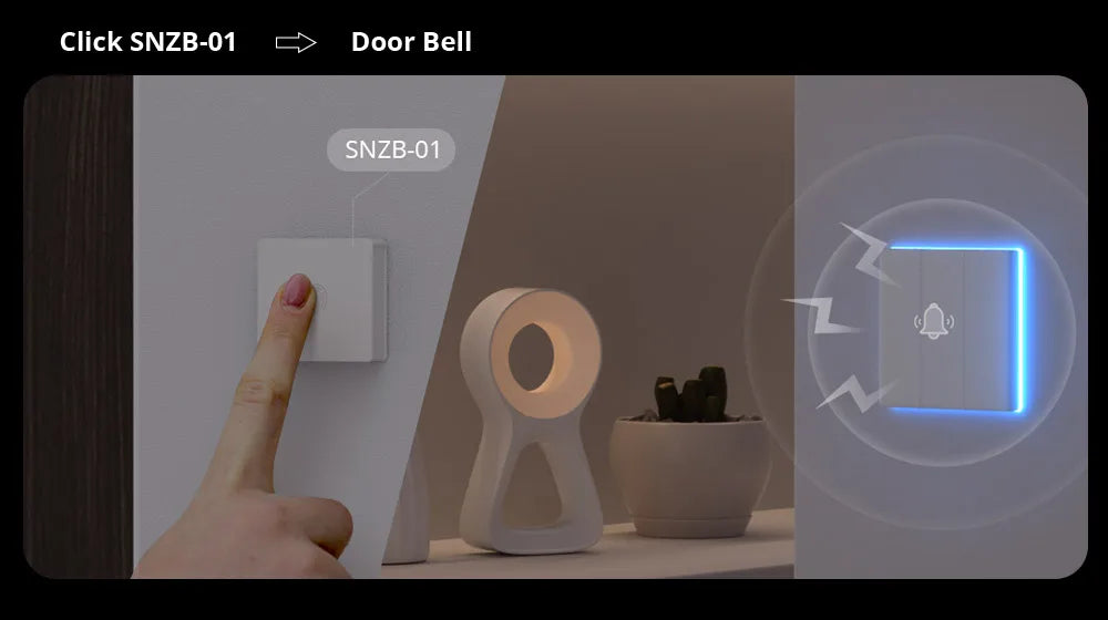 Scène SONOFF avec bouton SNZB-01 déclenchant une sonnette connectée.