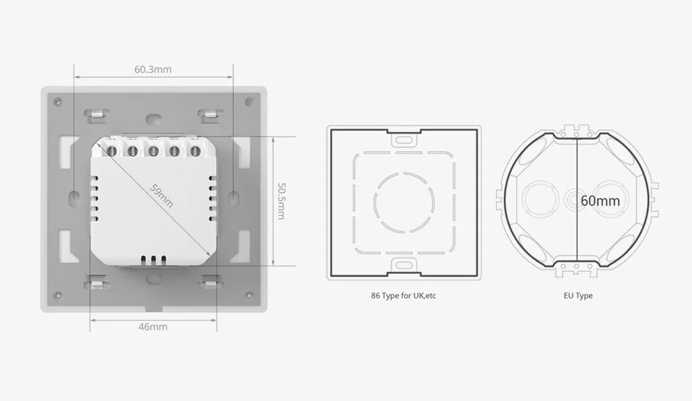 Dimensions du SONOFF TX Ultimate avec boîtier et façade.