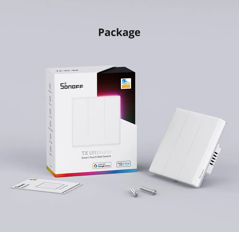 Emballage du SONOFF TX Ultimate avec interrupteur, notice et vis.
