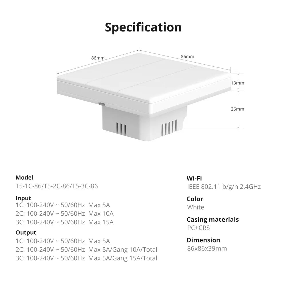 Spécifications techniques du SONOFF TX Ultimate avec dimensions et puissance.