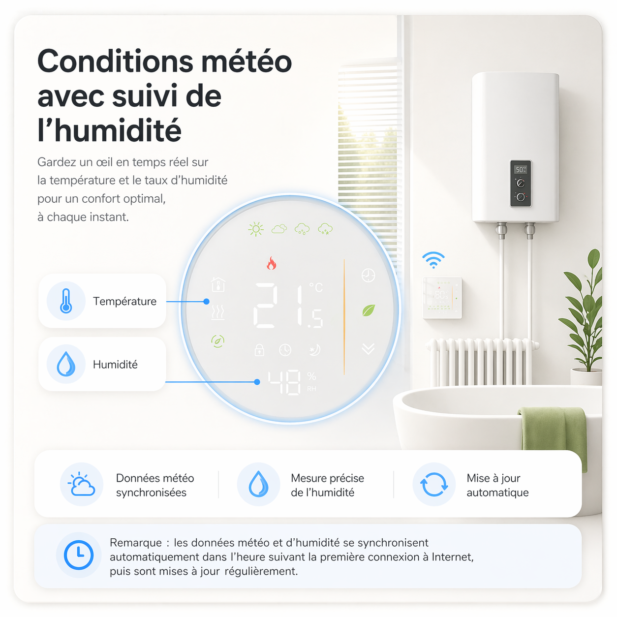 NéoStation Comfort affichant la température et l'humidité dans une salle de bain avec radiateur.