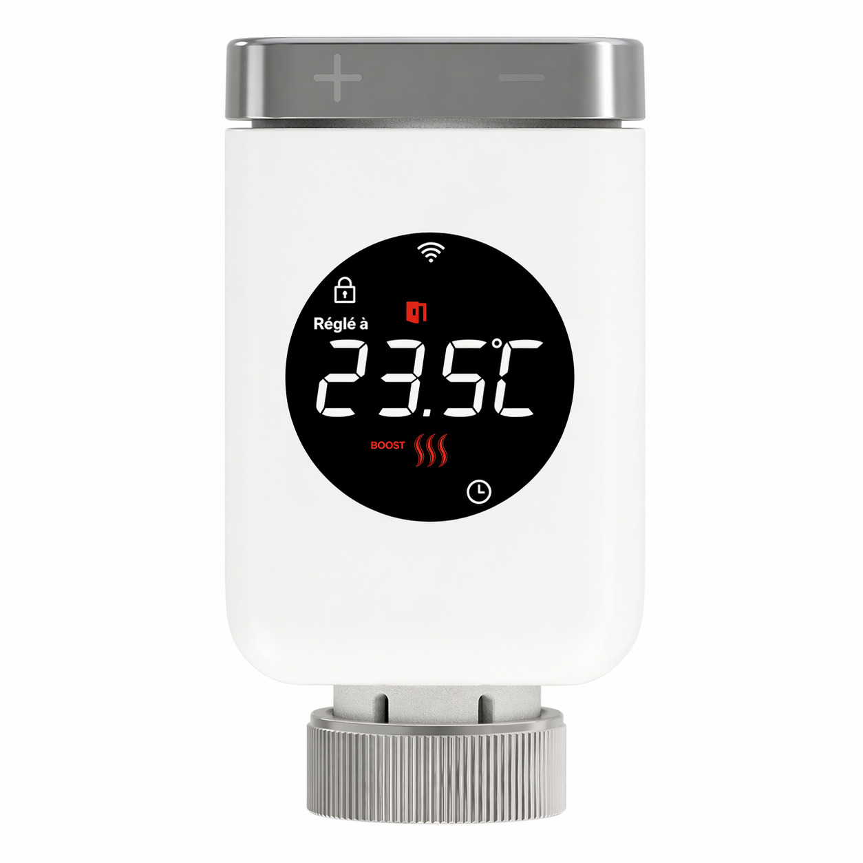 Tête thermostatique NéoValve Comfort avec écran LED affichant 23,5 °C.