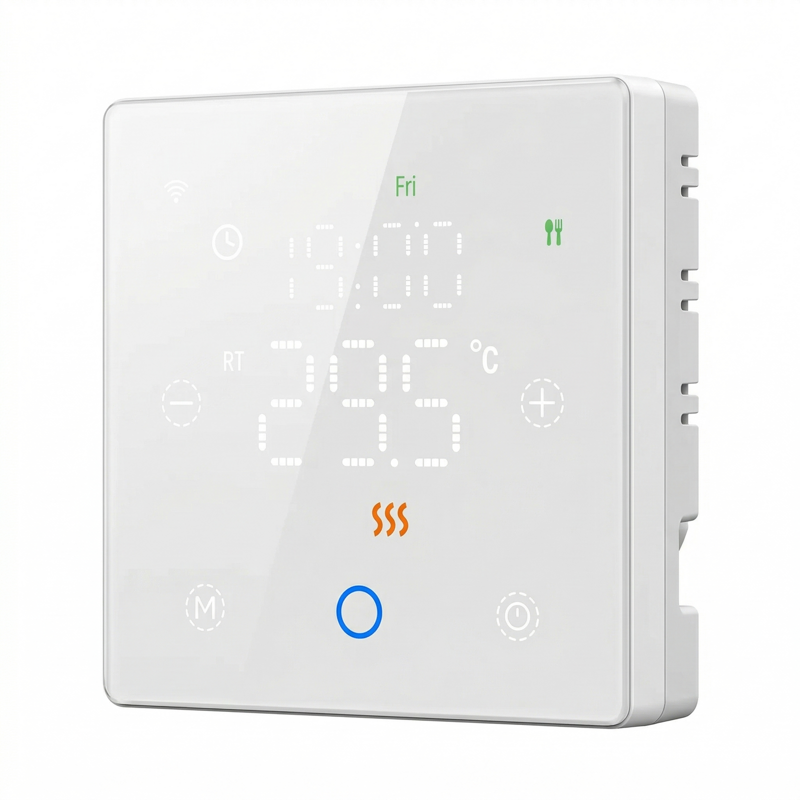 Thermostat sans fil Neodom blanc pur pour chaudiere gaz, vue en angle avec ecran tactile lumineux.