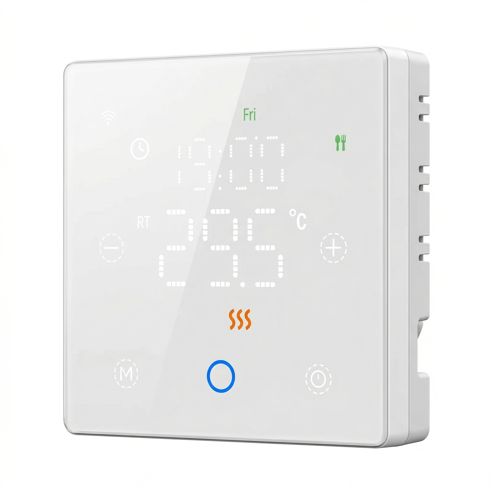 Thermostat sans fil Neodom blanc pur pour chaudiere gaz, vue en angle avec ecran tactile lumineux.