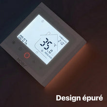 NéoControl Comfort blanc en angle avec écran rétroéclairé illustrant un design mural épuré.