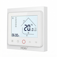 NéoControl Comfort blanc avec écran LCD affichant 20 degrés, heure et mode chauffage.