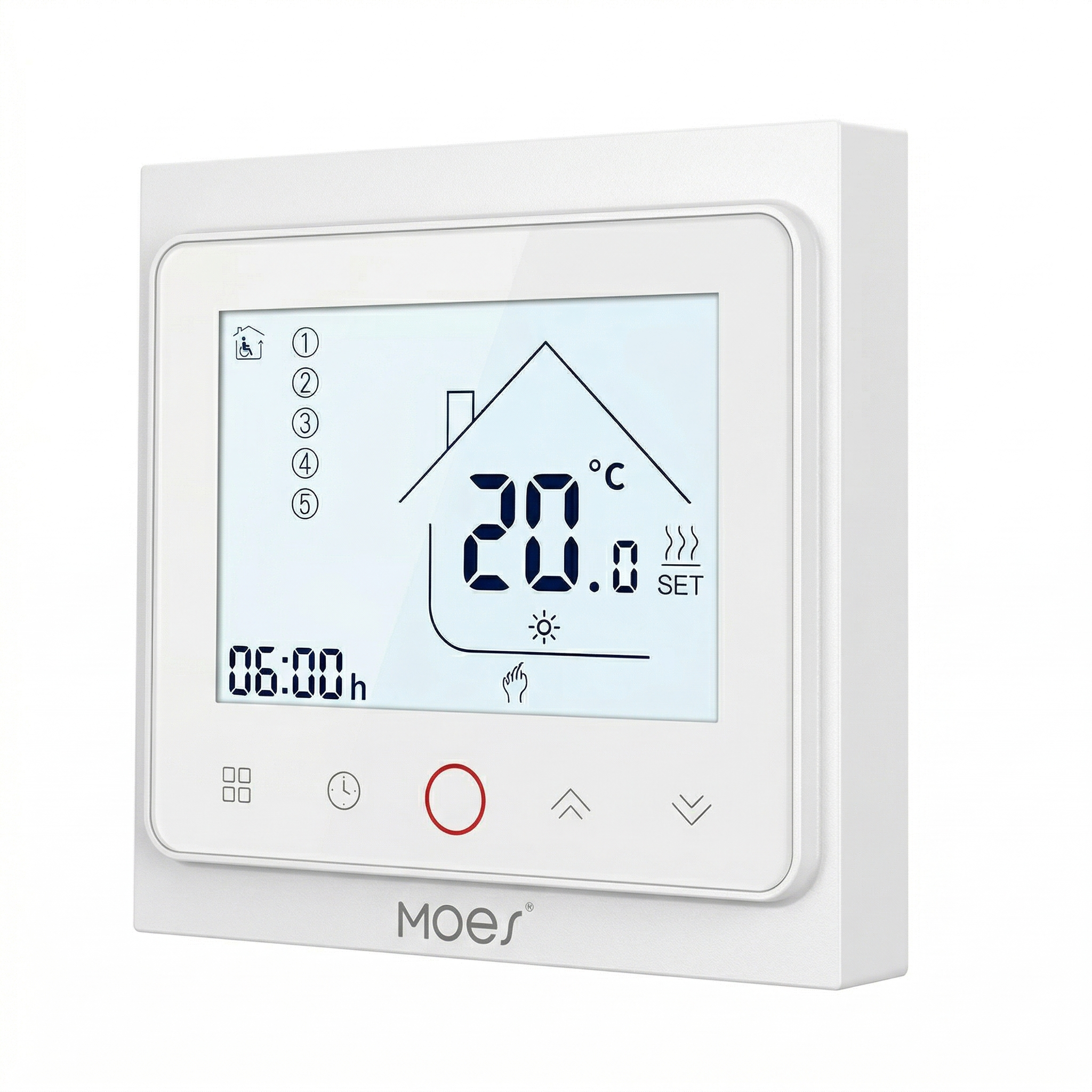 NéoControl Comfort blanc avec écran LCD affichant 20 degrés, heure et mode chauffage.