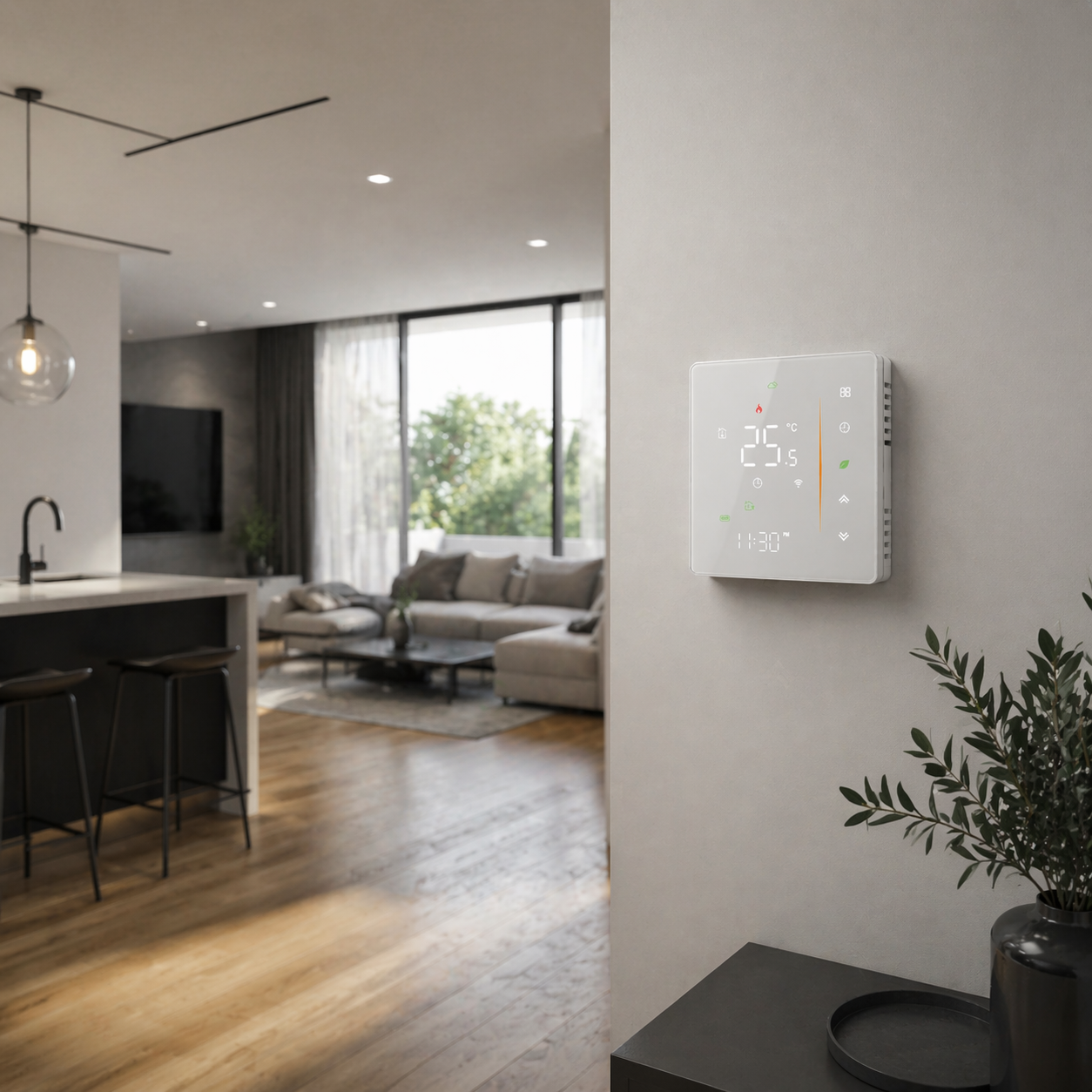 NéoStation Comfort blanc installé sur un mur dans un intérieur moderne avec cuisine et salon.