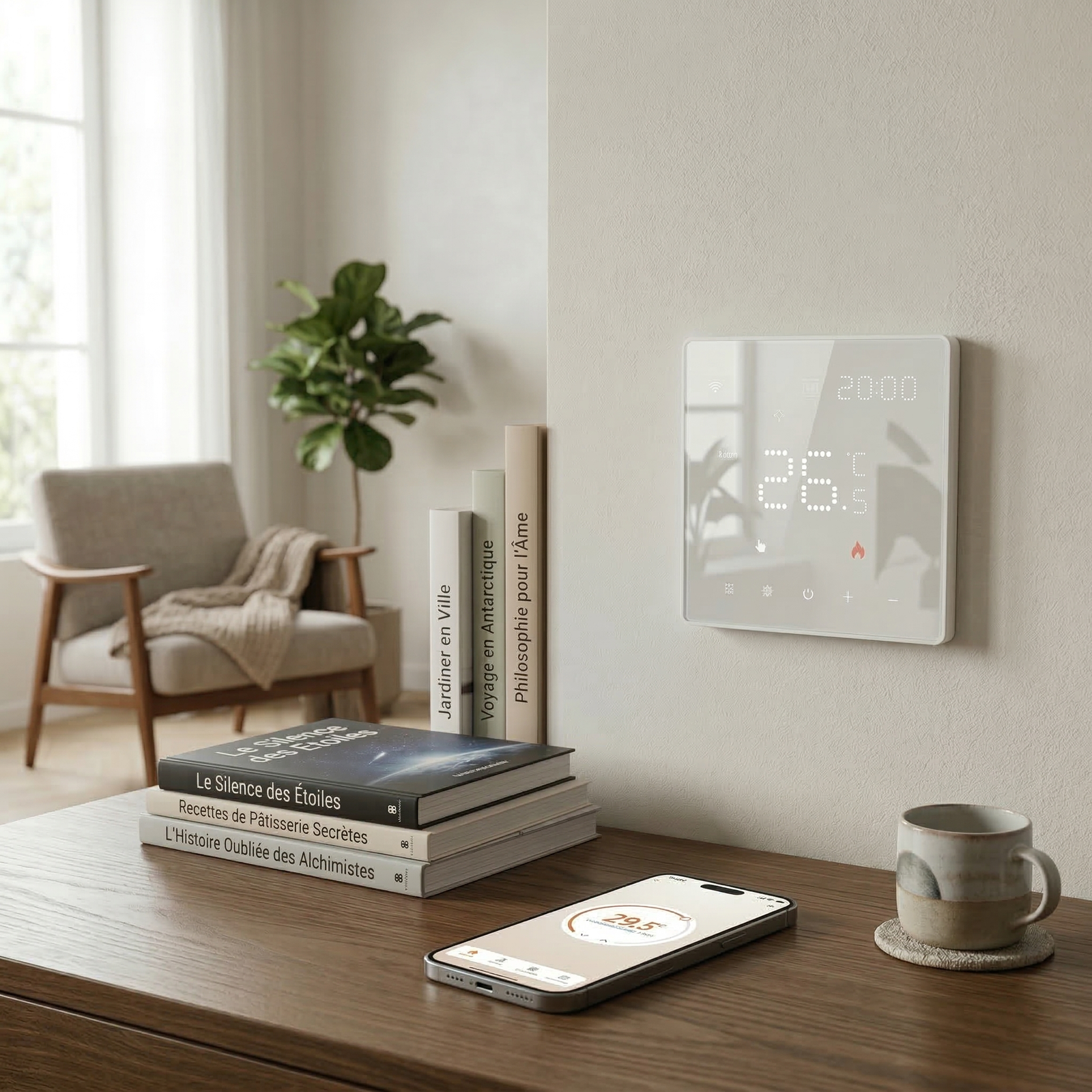 NéoPure Comfort blanc installé dans un salon avec téléphone sur table pour le contrôle à distance.