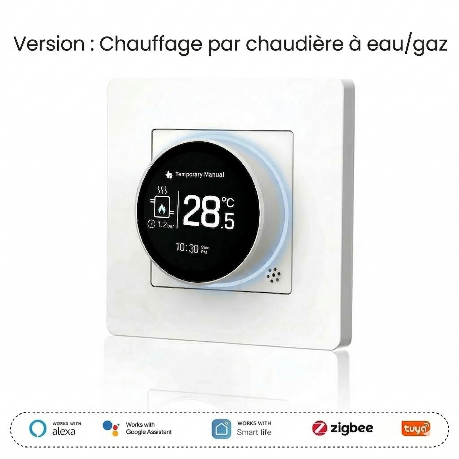 Thermostat avec écran rond pour chaudière à eau ou gaz.