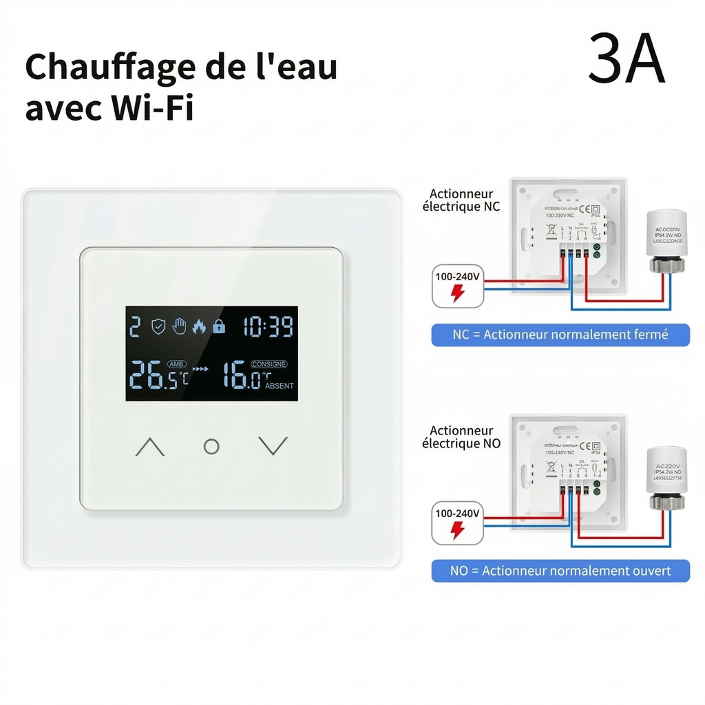 Thermostat 3A pour chauffage de l’eau avec Wi-Fi et schémas de câblage.