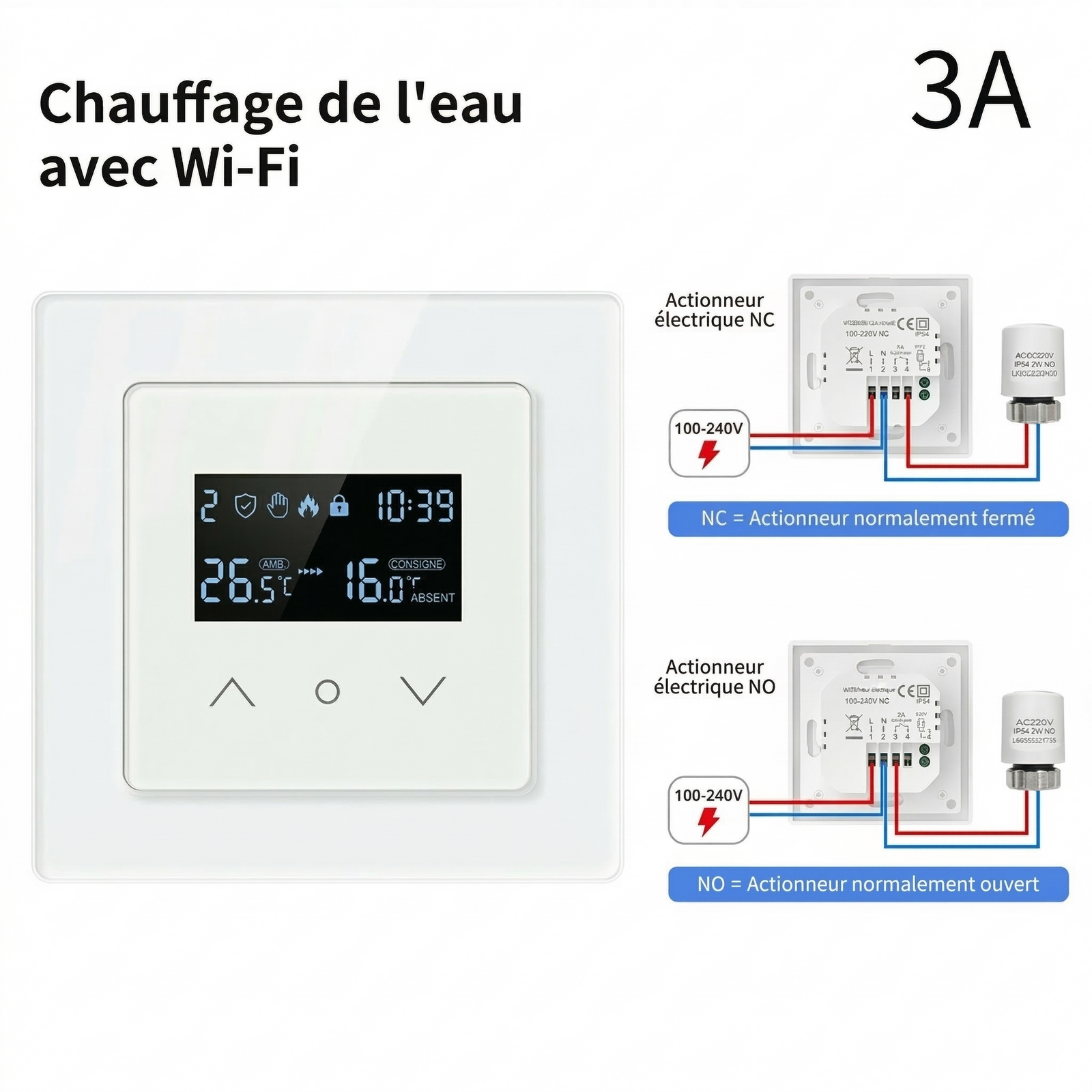 Thermostat 3A pour chauffage de l’eau avec Wi-Fi et schémas de câblage.