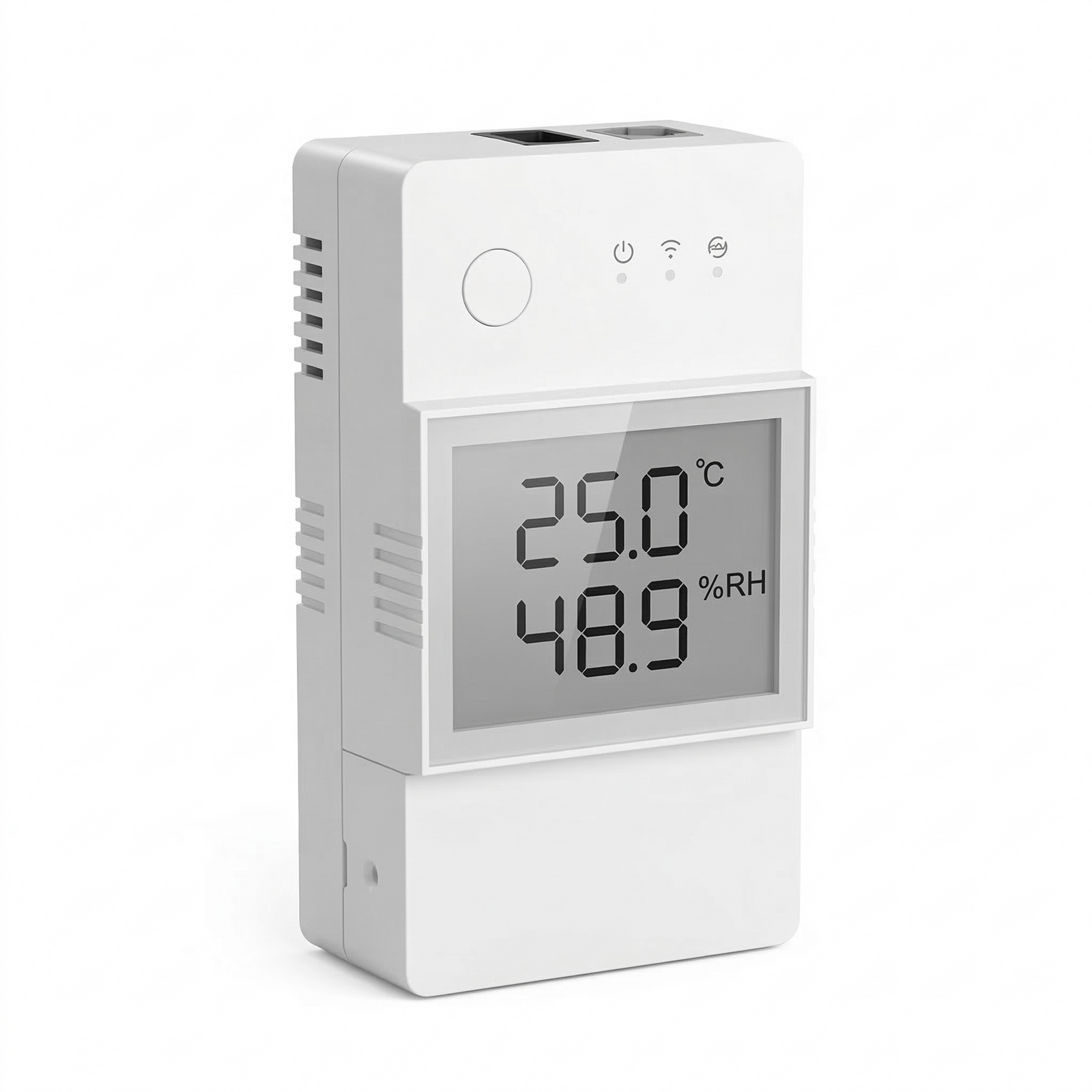 Thermostat hygromètre Wi-Fi blanc avec écran de température et humidité.