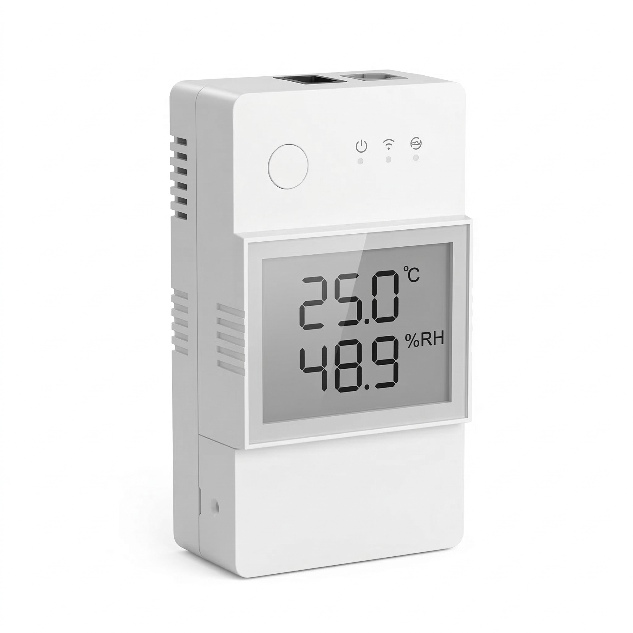Thermostat hygromètre Wi-Fi blanc avec écran de température et humidité.