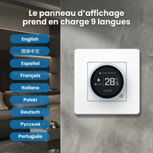 Thermostat à molette avec affichage disponible en neuf langues.