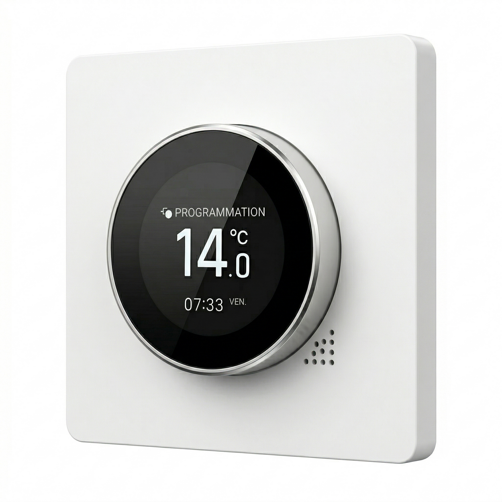 Thermostat Blanc Pur avec molette ronde et écran noir.