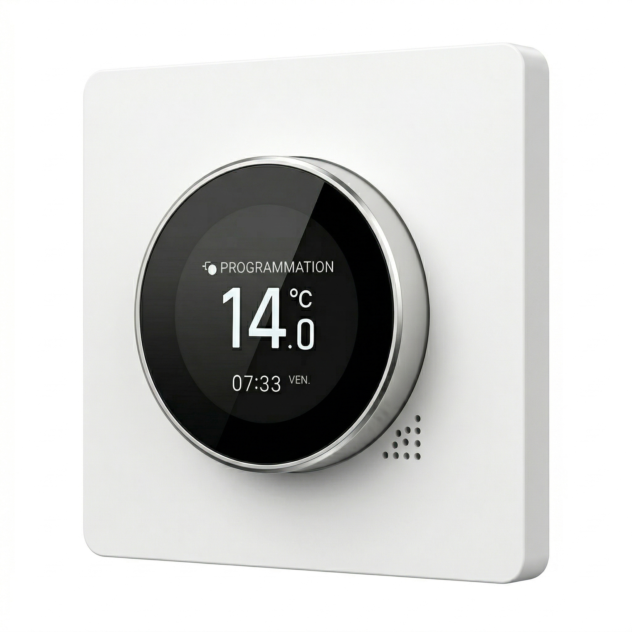 Thermostat Blanc Pur avec molette ronde et écran noir.