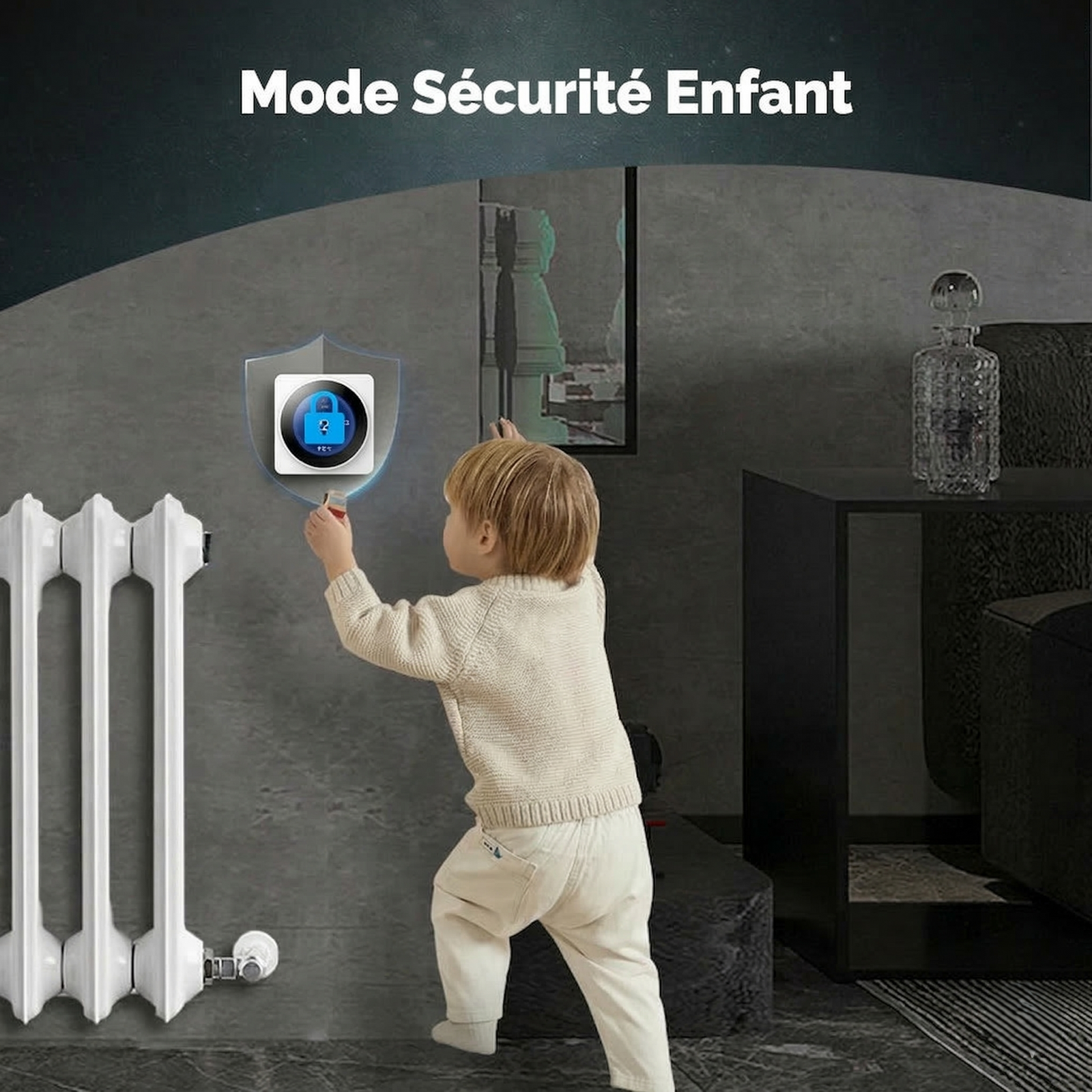 Sécurité enfant du thermostat mural près d’un radiateur.