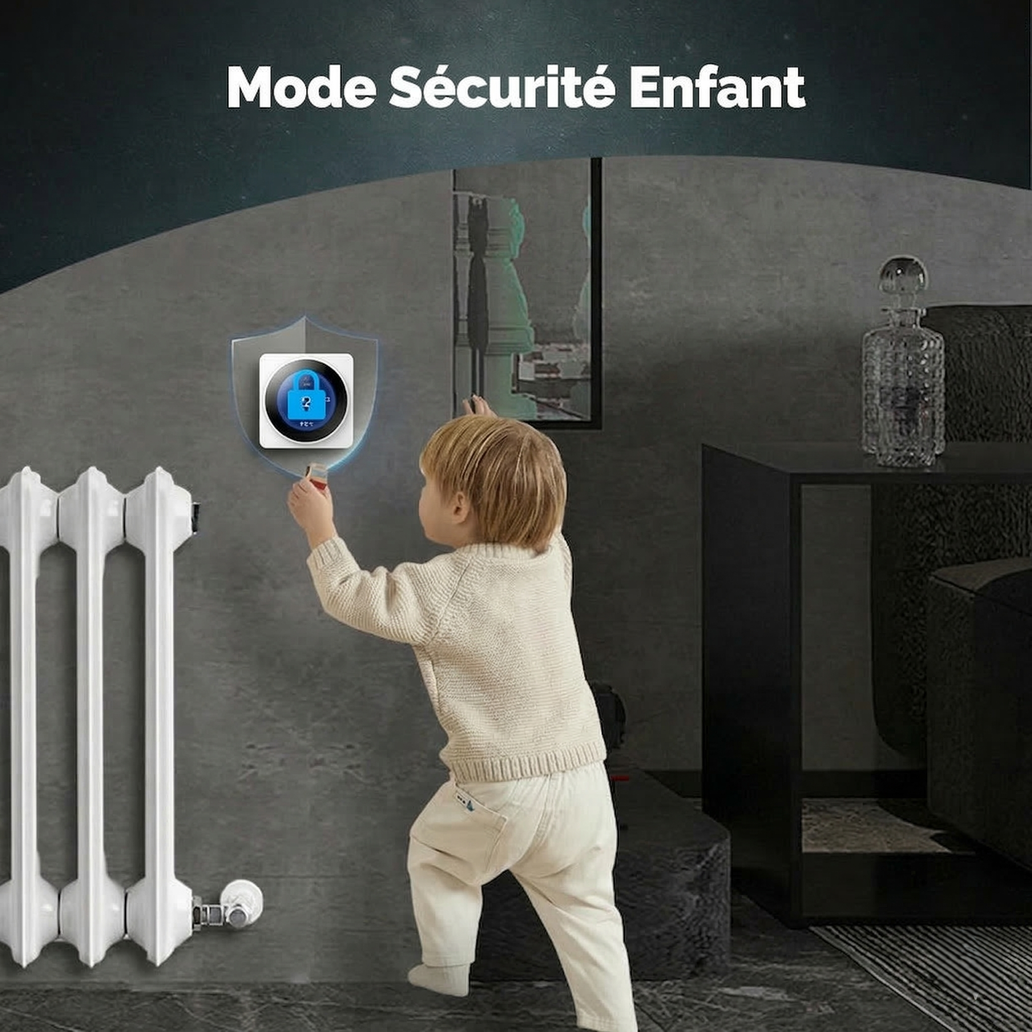 Sécurité enfant du thermostat mural près d’un radiateur.