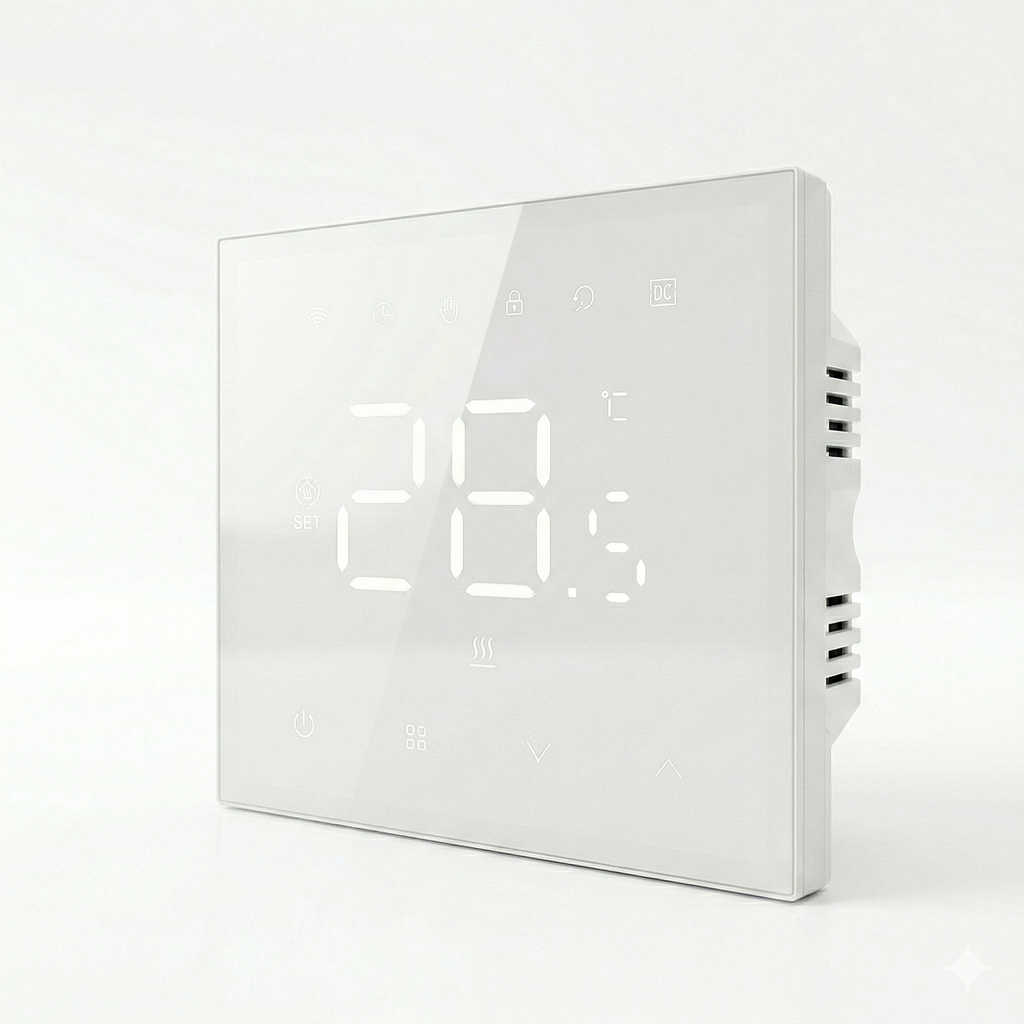 Thermostat mural blanc avec affichage LED en vue inclinée.