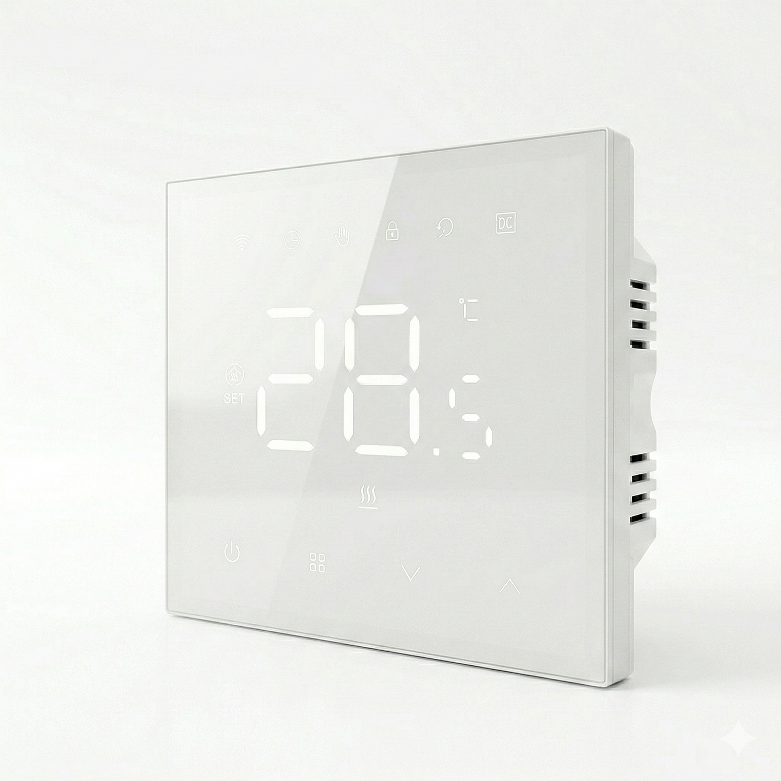 Thermostat mural blanc avec affichage LED en vue inclinée.