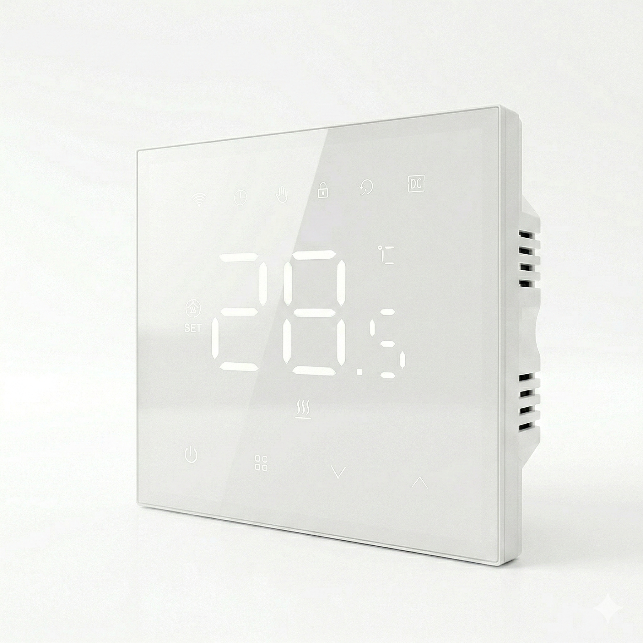 Thermostat mural blanc avec affichage LED en vue inclinée.