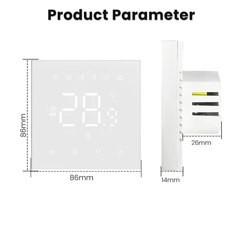 Schéma des dimensions du thermostat mural blanc NéoStat Essential Wi-Fi.