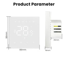 Schéma des dimensions du thermostat mural blanc NéoStat Essential Wi-Fi.