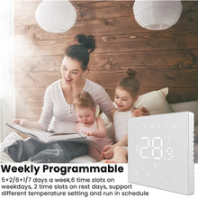 Thermostat mural blanc avec programmation hebdomadaire dans une chambre familiale.