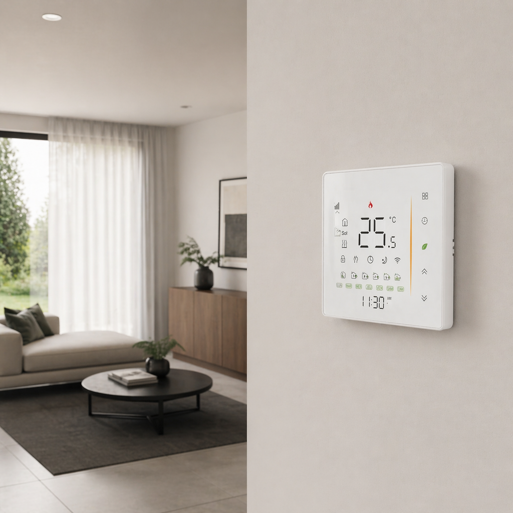 Thermostat mural NéoGlass Comfort blanc pur installé dans un salon moderne avec écran tactile lumineux.