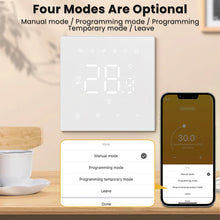 Thermostat mural blanc avec quatre modes de contrôle sur application.