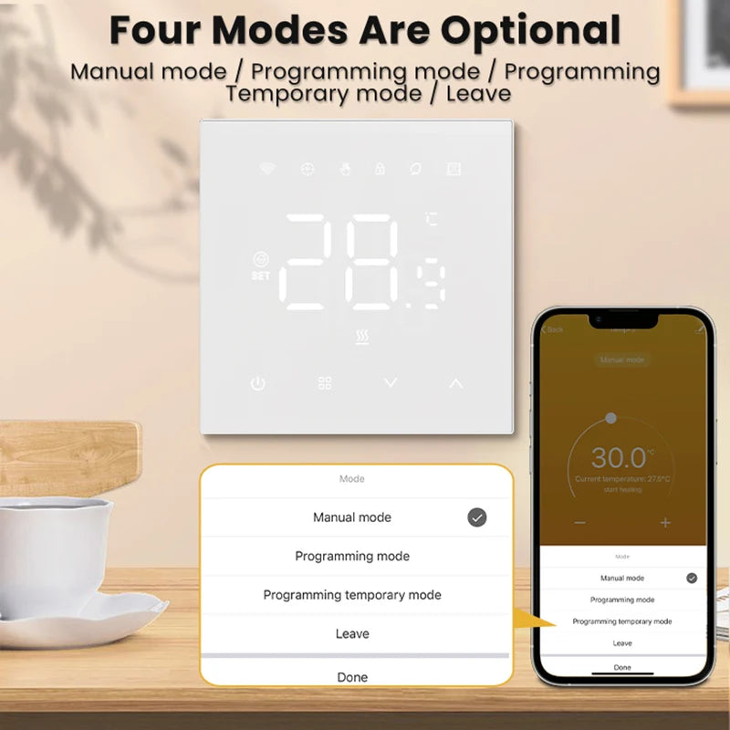 Thermostat mural blanc avec quatre modes de contrôle sur application.