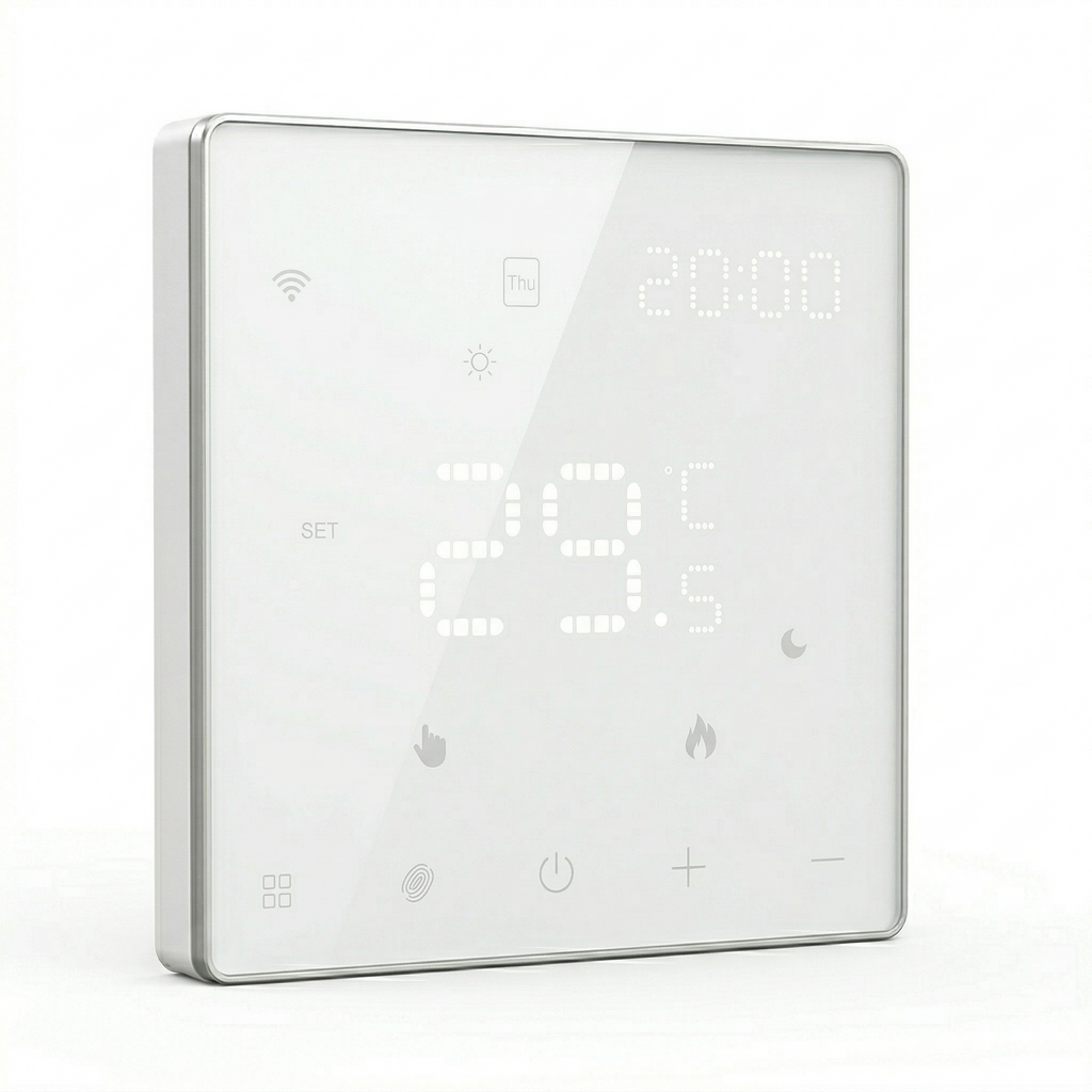 Thermostat mural intelligent NéoPure Comfort blanc pur vu de face avec écran LED tactile.