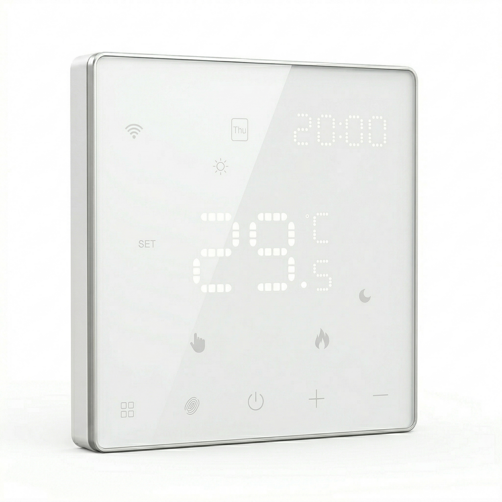 Thermostat mural intelligent NéoPure Comfort blanc pur vu de face avec écran LED tactile.