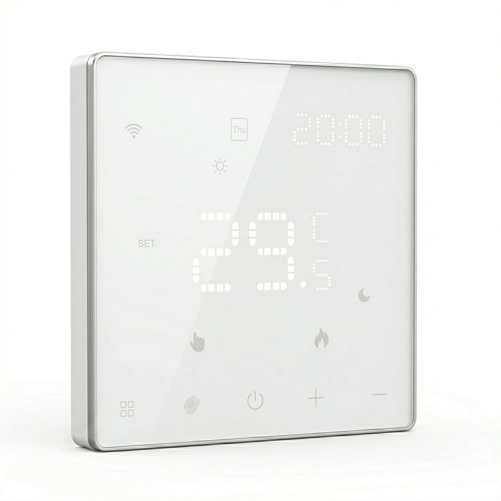 Thermostat mural intelligent NéoPure Comfort blanc pur vu de face avec écran LED tactile.