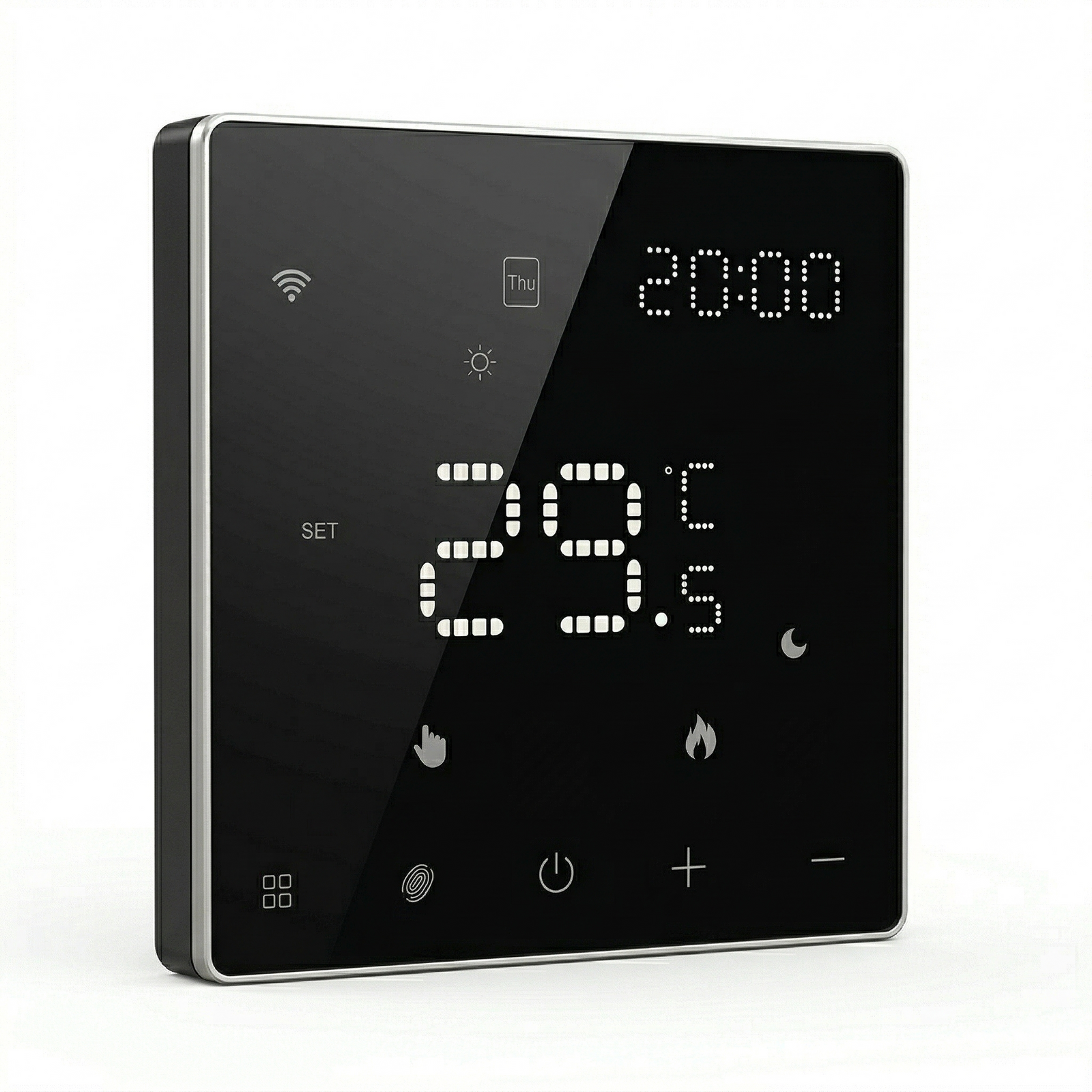 Thermostat mural intelligent NéoPure Comfort noir absolu vu de face avec écran LED tactile.