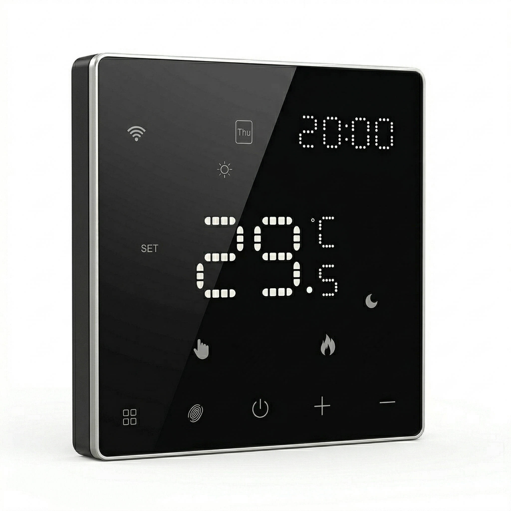 Thermostat mural intelligent NéoPure Comfort noir absolu vu de face avec écran LED tactile.