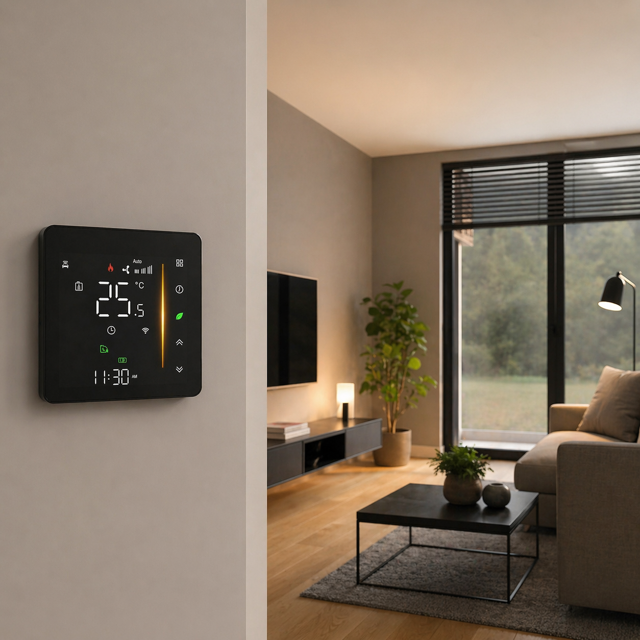 Thermostat mural NéoGlass Comfort noir absolu installé dans un salon moderne avec écran tactile lumineux.