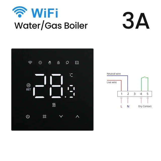 Thermostat mural noir Wi-Fi avec schéma de câblage chaudière.