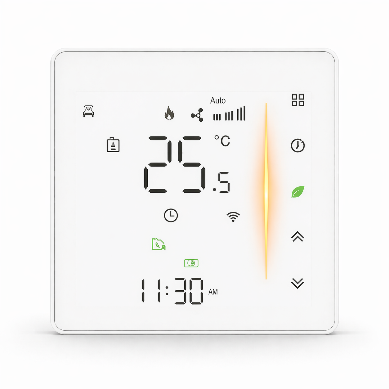Thermostat mural tactile NéoGlass Comfort blanc pur avec écran LED couleur et façade effet verre.