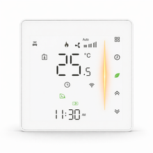 Thermostat mural tactile NéoGlass Comfort blanc pur avec écran LED couleur et façade effet verre.