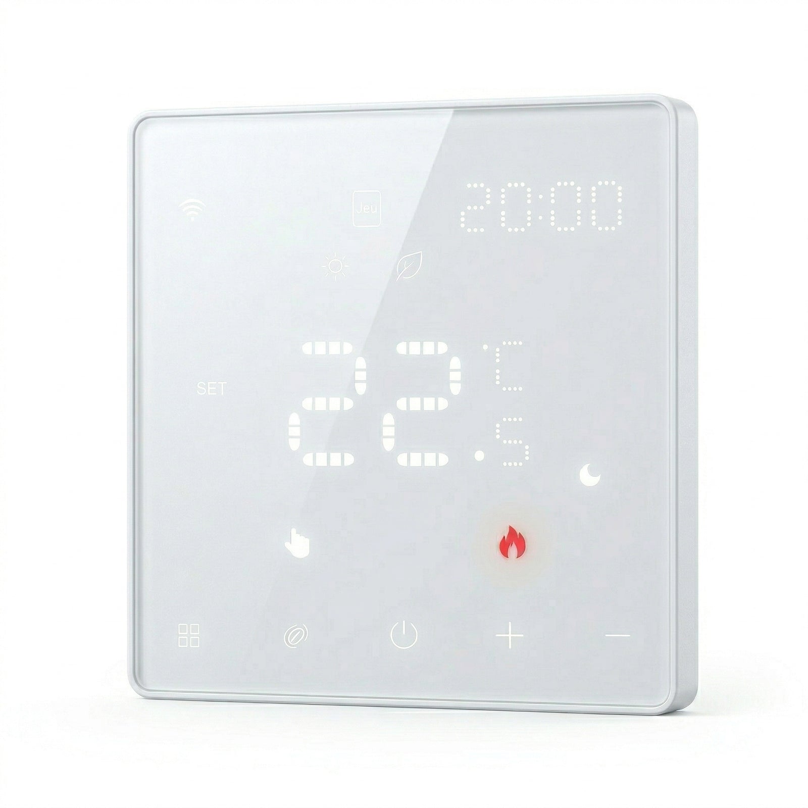 Thermostat mural intelligent NéoPure Comfort blanc pur avec écran tactile LED et affichage de température.