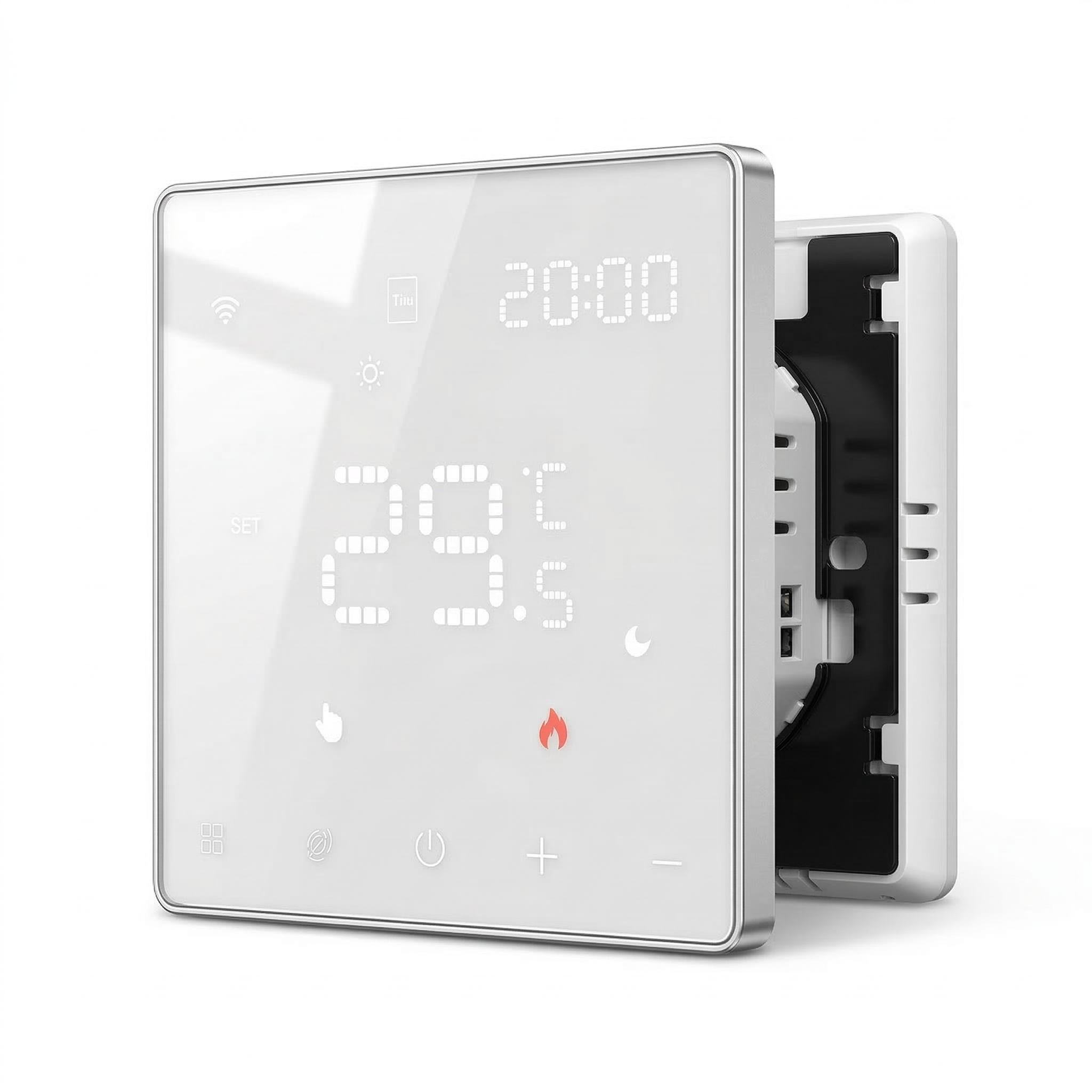 Thermostat mural tactile NéoPure Comfort blanc pur présenté de face et de profil avec boîtier mural.