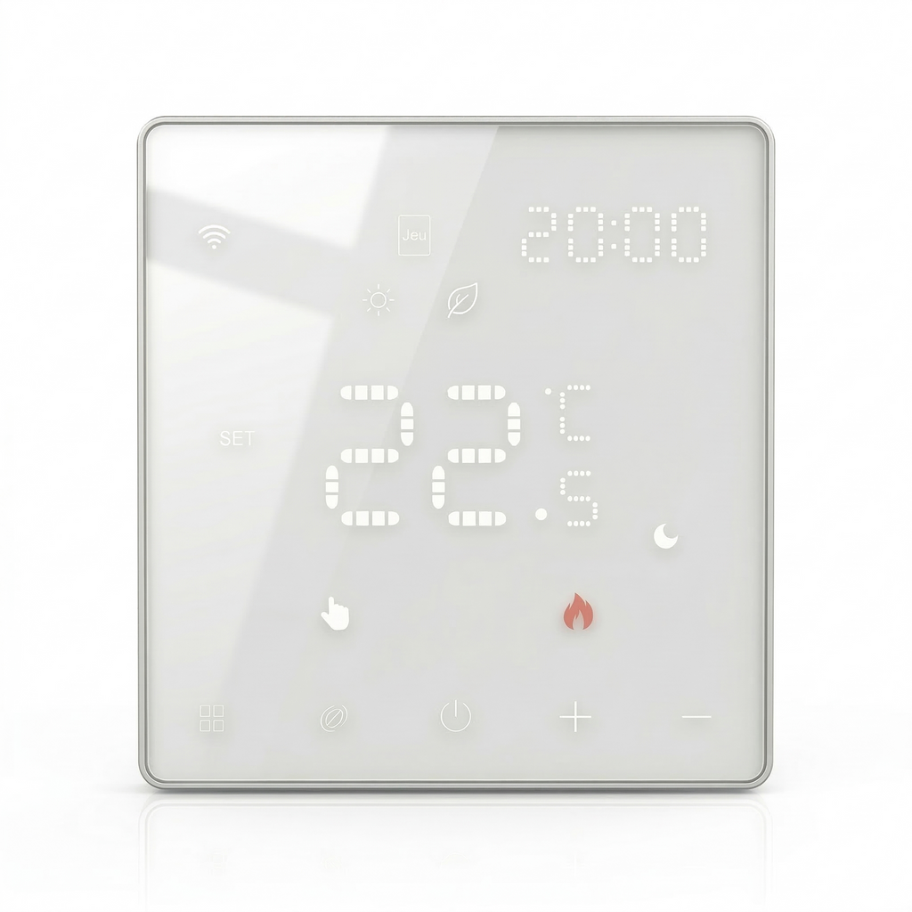 Vue de face du thermostat mural tactile NéoPure Comfort blanc pur avec affichage LED lumineux.